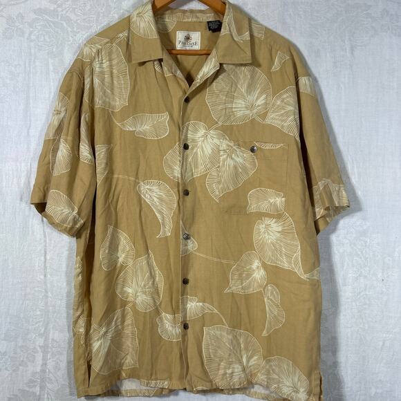Paradise by Axis Button Up 1X BIG 100% Silk Yellow Palm Print Hawaiian Tropical - Picture 1 of 9